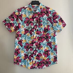 Empyre Short Sleeve Button Up Hawaiian Shirt Sz Medium Pink Yellow Blue Floral